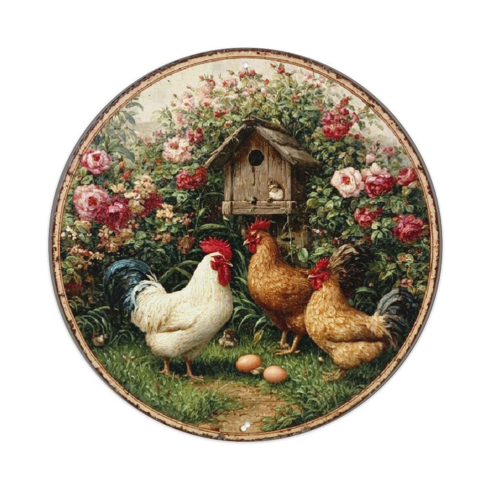 Chicken Rooster Hen Flowers Nest Round Metal Tin Sign Vintage Wall Decor, Bar Garage Cafe Kitchen Home Wall Art Poster 8x8inches