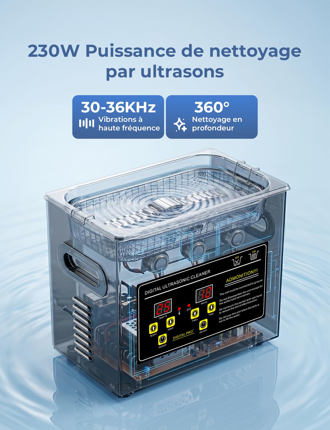 Nettoyeur à Ultrasons Acmeenjoy, 230 W, 3 L. Appareil de nettoyage ultrasonique avec affichage numérique, durée de nettoyage de 5 à 30 minutes, idéal pour le nettoyage de bijoux, lunettes et montres
