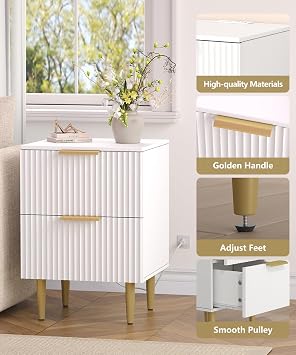 Akxomel Fluted Nightstand Set 2 Bedside Table with Charging Station White | 2 Drawers Modern End Table with USB Ports and Outlets, 13.8 D x 15 W x 23.2 H, Golden Side Table for Bedroom