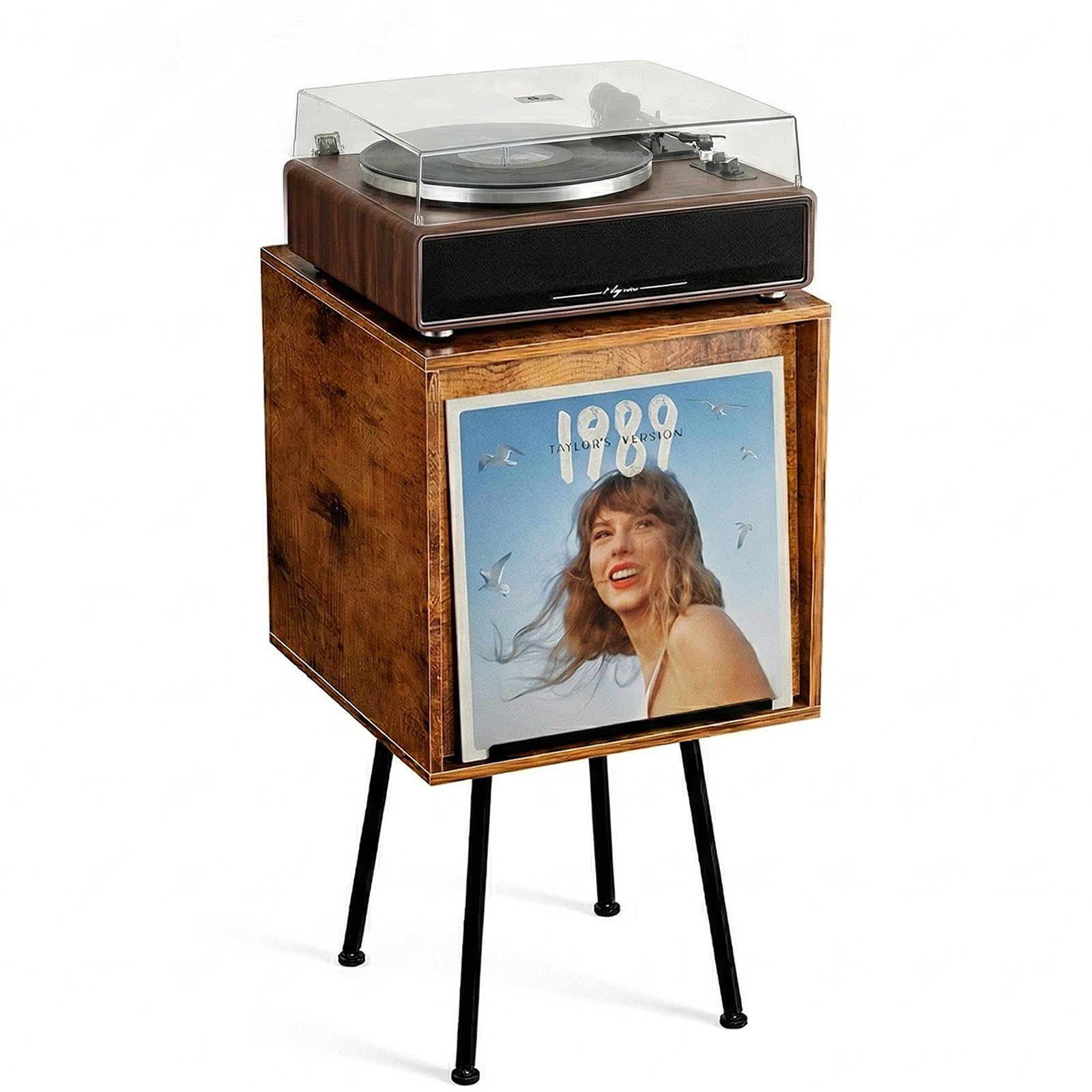Faesun Record Player Stand with Flip-Down Record Shelf, Rustic Brown