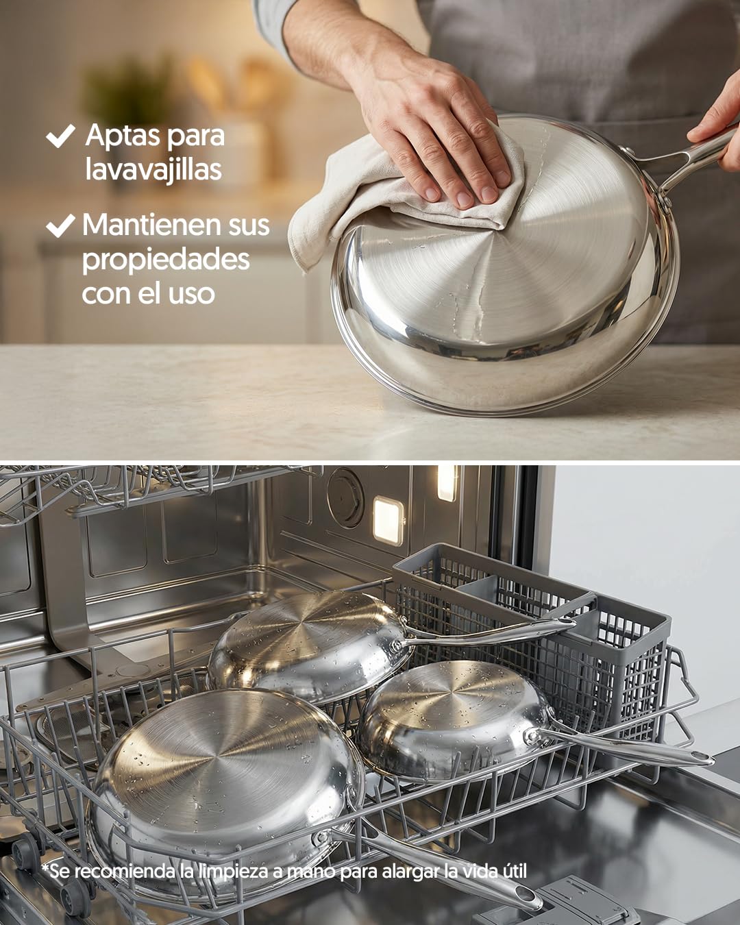 La Moustache - Juego de Sartenes de Acero Inoxidable (20/24/28 cm) - Set Profesional para Inducción, Sin Recubrimientos, Aptas para Horno y Lavavajillas (Titan Inox)