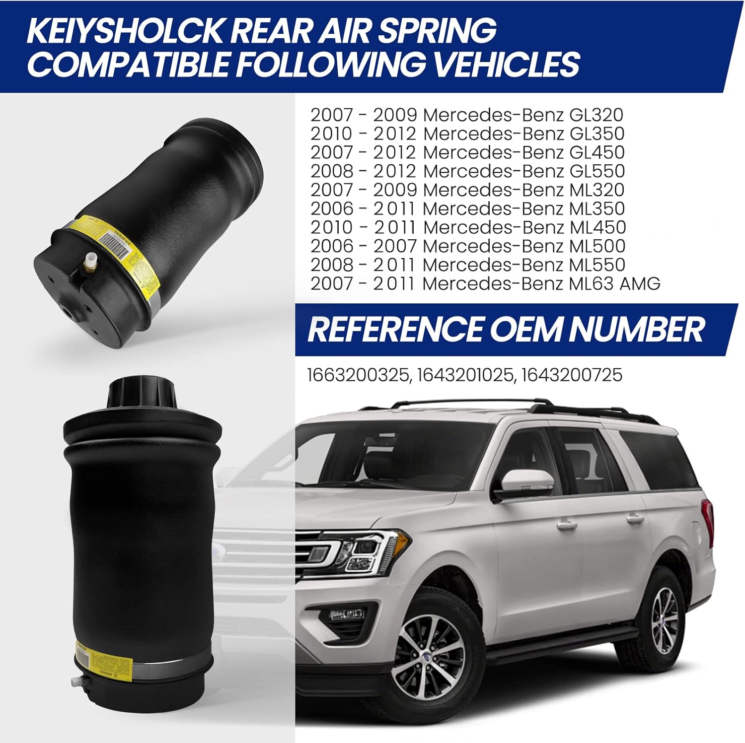 2Pcs Rear Air Spring Suspension Compatible with 2007-2019 Benz W164 X164 GL320 GL350 GL450 GLE350 GLE450 AMG GLS450 ML320 ML350 ML450 1643201025 1643200725 1663200325