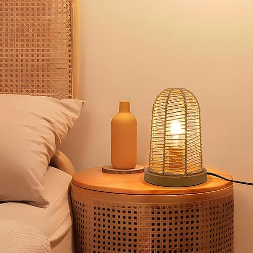 HYMELA N04 Boho Rattan Table Lamp,Touch Control Bedside Lamp with Handmade Woven Shade, Dimmable Wood Base Nightstand Lamp with USB Port for Bedroom,Ideal for Home Decoration