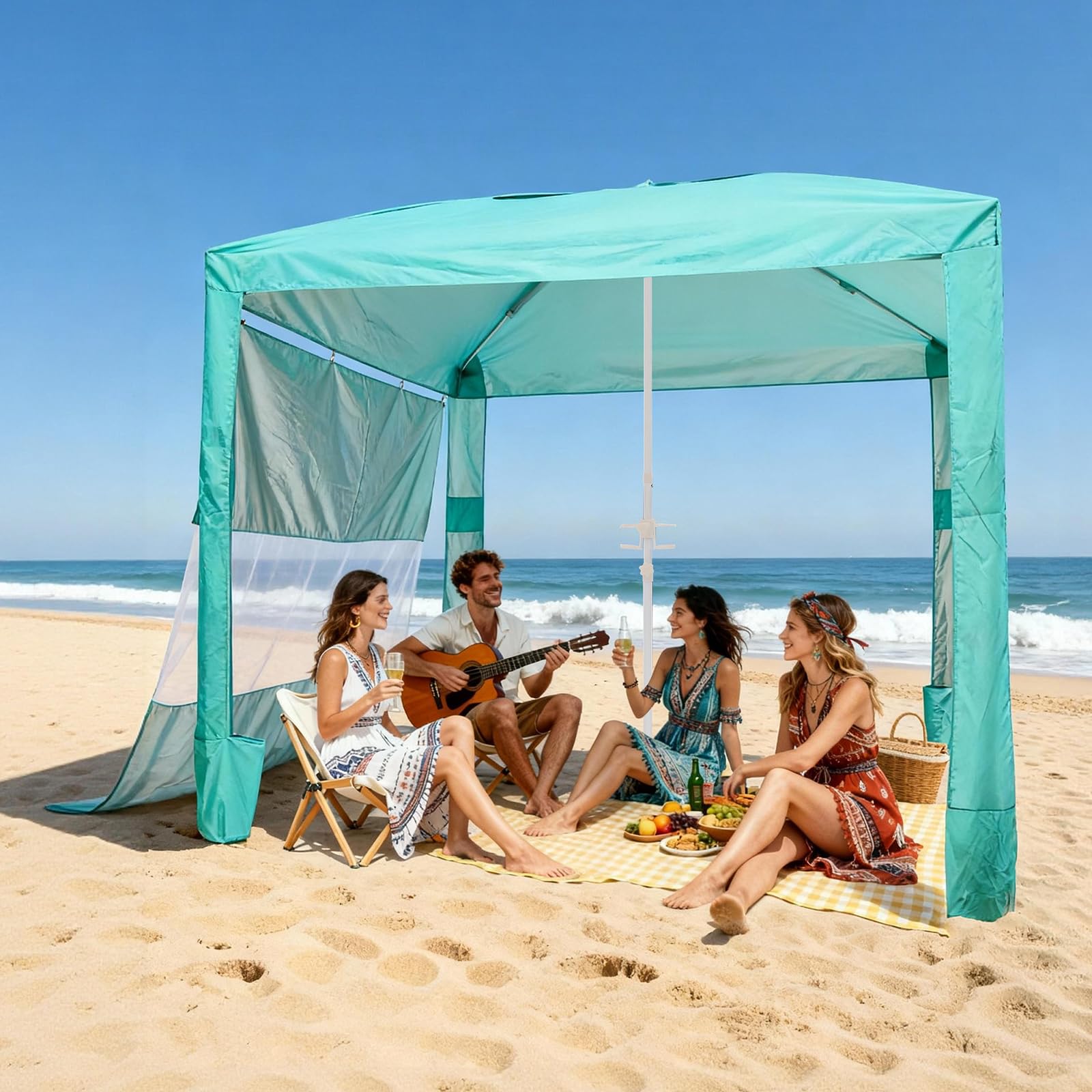 VEVOR Tenda da Spiaggia da 2400 x 2400 x 2400 mm, con Parete Laterale, Facile da Montare, con Tasche per la Sabbia, Ombrellone Parasole Portatile Regolabile in Altezza per Famiglia e Amici, Verde