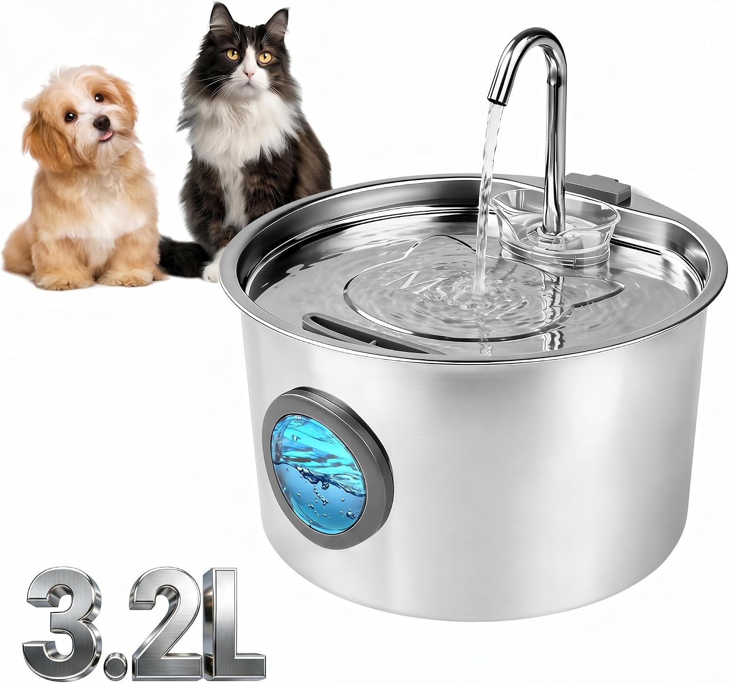 Fonte de Água pra Gato, Bebedouro para Gatos Silenciosa Inox Carvão Ativado LED Indicador Fonte De Água para Cães e Gatos (3,2L, TY60)