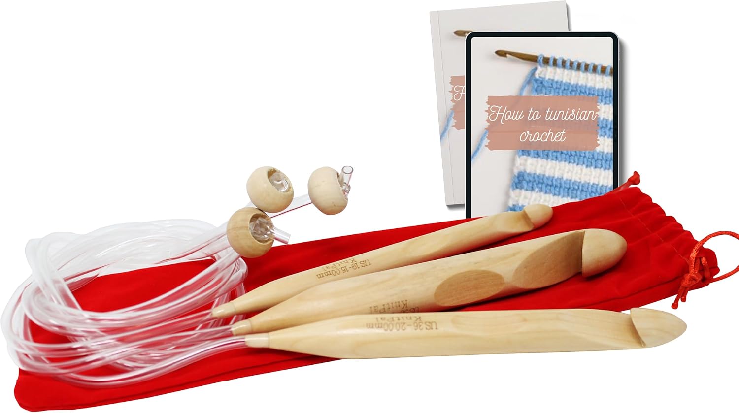 KnitPal 47-inch (120cm) Tunisian Crochet Hooks Set with Cable for Chunky Yarn - Afghan Wooden Crochet Hooks for Baby Afghan Blanket - 3 US Sizes: P/15mm, S/20mm and T/25mm