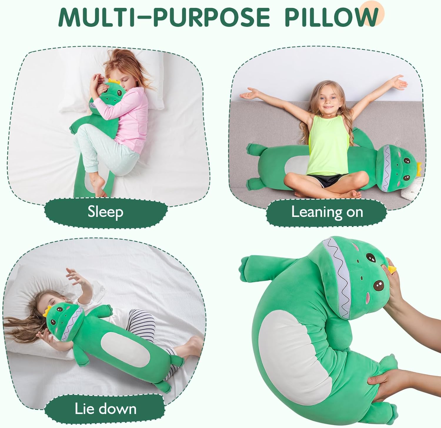 36inch Giant Dinosaur Plush Toy Long Body Pillow, Cute Green Extra Large Dinosaur Stuffed Animals, Big Soft Cuddle Pillow Squishy Dino Plushies Gifts Kids Boys Girls, Birthdays
