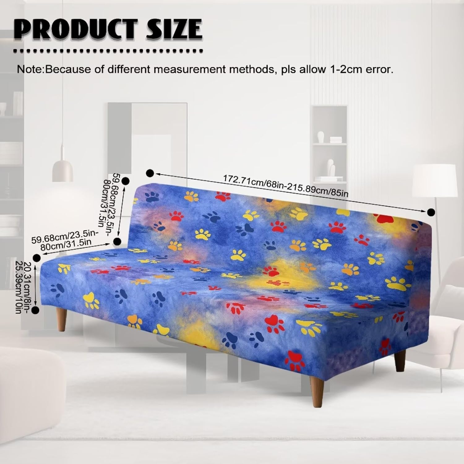 Dog Paw Tie Dye Pattern Armless Futon Sofa Slipcover, Stretchable Couch Cover Comfortable Armless Sofa Chair Covers with Elastic Edges