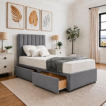 Single Bed With Storage 2 Drawers, Plush Velvet 3FT Channel Pleated Headboard Divan Bed Frame Steel