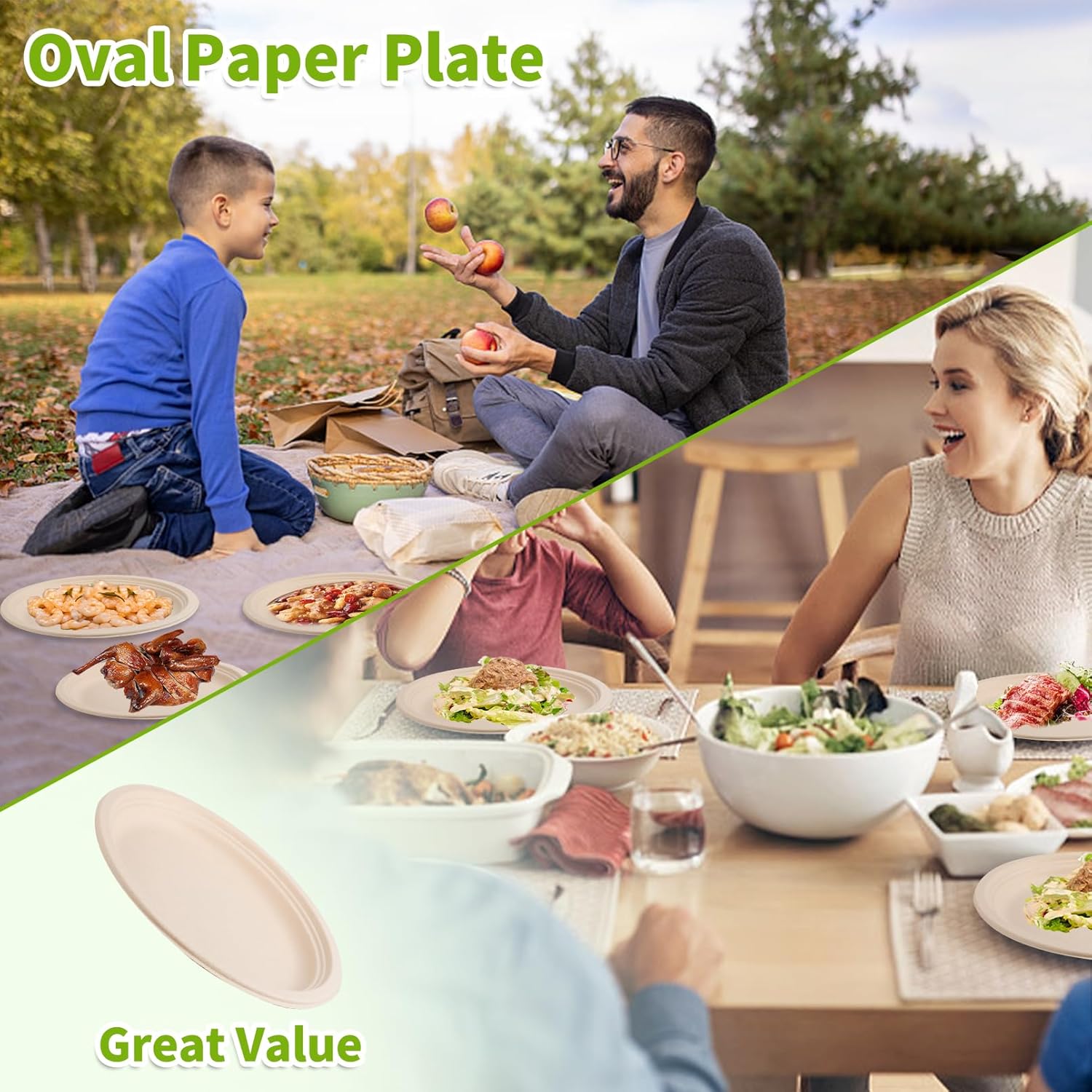 12.5 Inch Oval Paper Plates,50 Pack Disposable Paper Plates,Heavy Duty Disposable Oval Paper Dinner Plates,Large Oval Paper Plates for Party,Picnic,Compostable Biodegradable,Thicken (Brown)