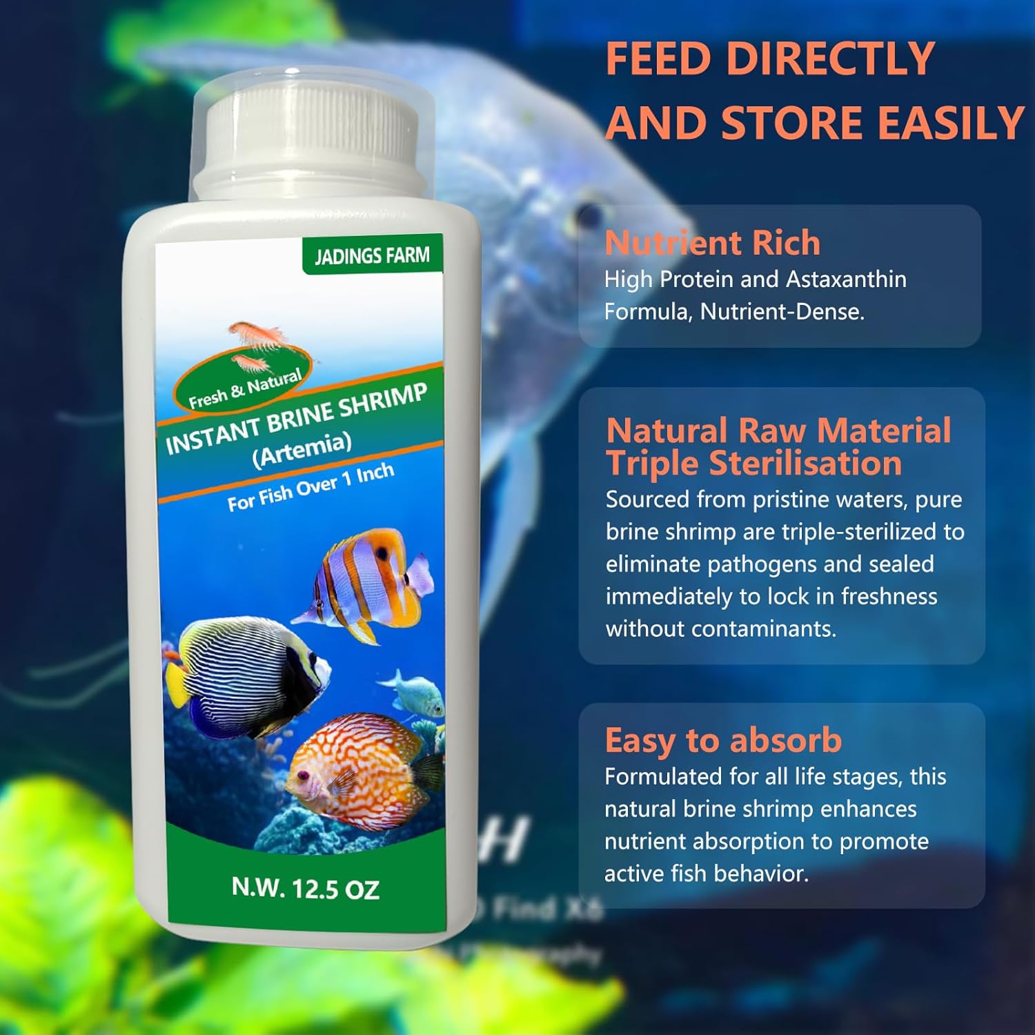Brine Shrimp Fish Food - High Protein Non-Living Adult Brine Shrimp for Bettas, Goldfish, Cichlids & - Color Enhancing, ​​-Instant Liquid Slow Sinking Tropical Fish Food (12.5oz)​