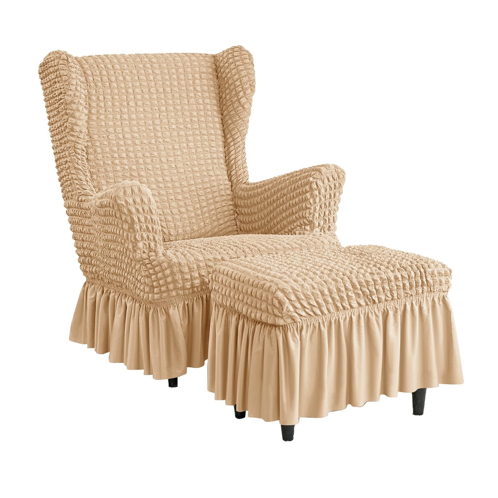 Stretch Seersucker Wingback Chair Slipcover, Universal Bubble Wing Chair Slipcovers with Skirt, Living Room High Back Chair Covers Set with Ottoman