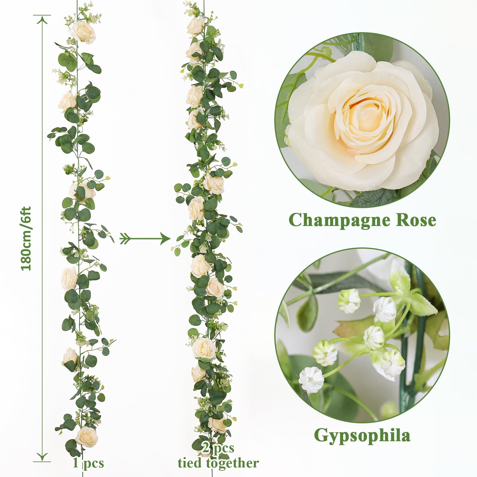 TOCHGREEN 4Pcs(26 Ft) Artificial Eucalyptus Flower Garland with Champagne Rose Flowers,Faux Rose Vine Gypsophila Garland,Floral Garland Greenery Garland for Party Wedding Table Decor (Champagne, 4PCS)