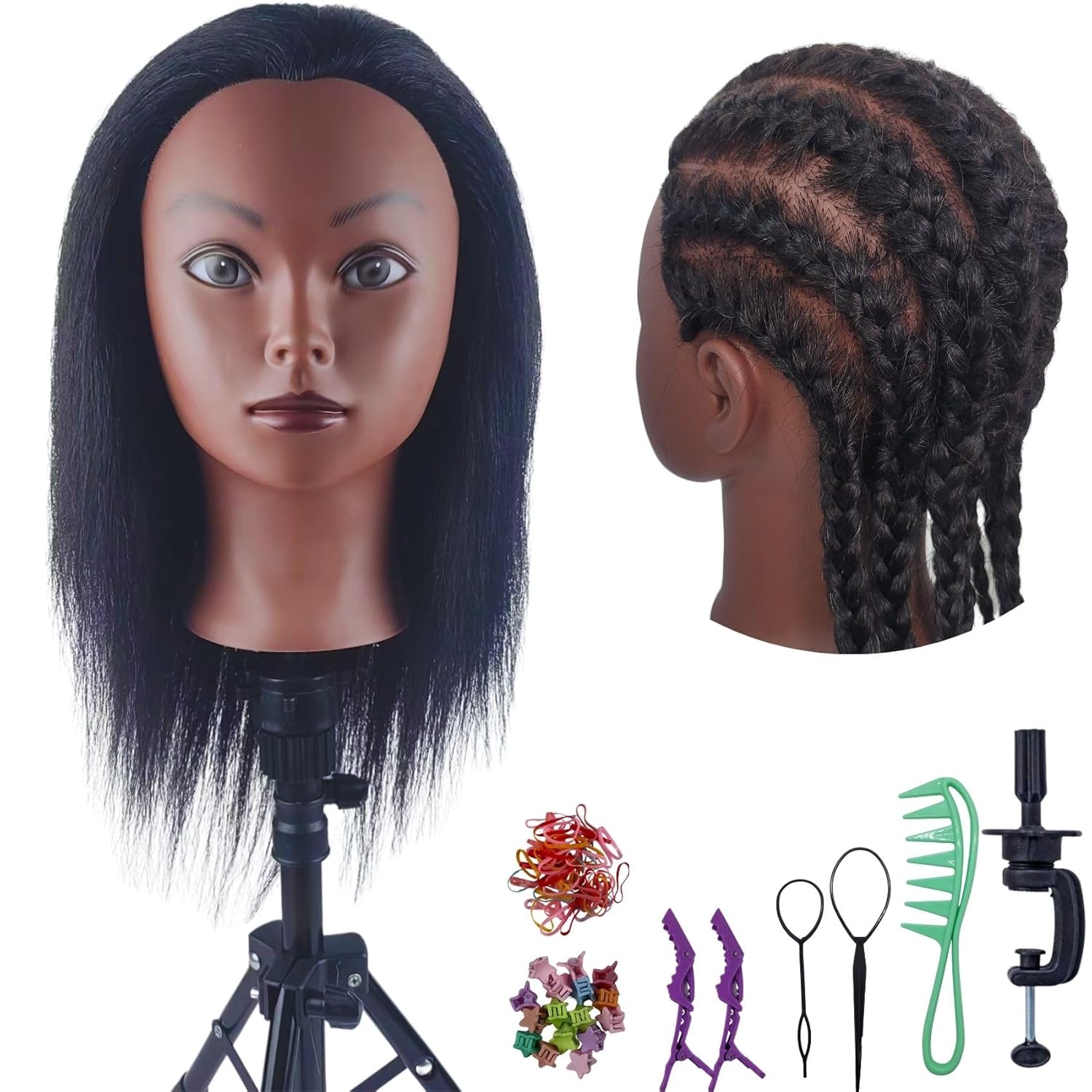 Real Hair Braiding Mannequin Head for Practice, African American Training Doll Head with Hair for Kids