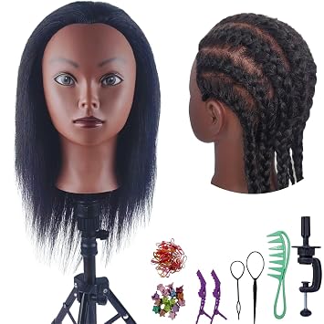 Real Hair Braiding Mannequin Head for Practice, African American Training Doll Head with Hair for Kids