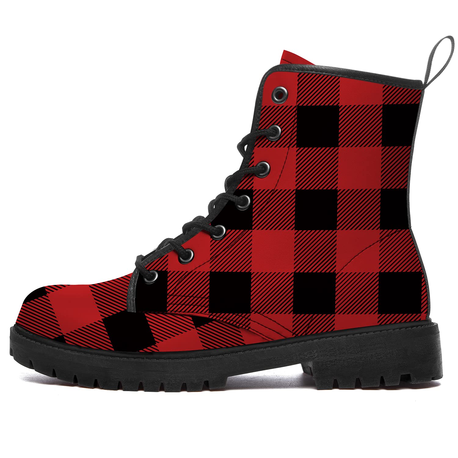Klomax Plaid Boots for Women Men Buffalo Plaid Tartan Print Combat Boots Lace-up Ankle Booties