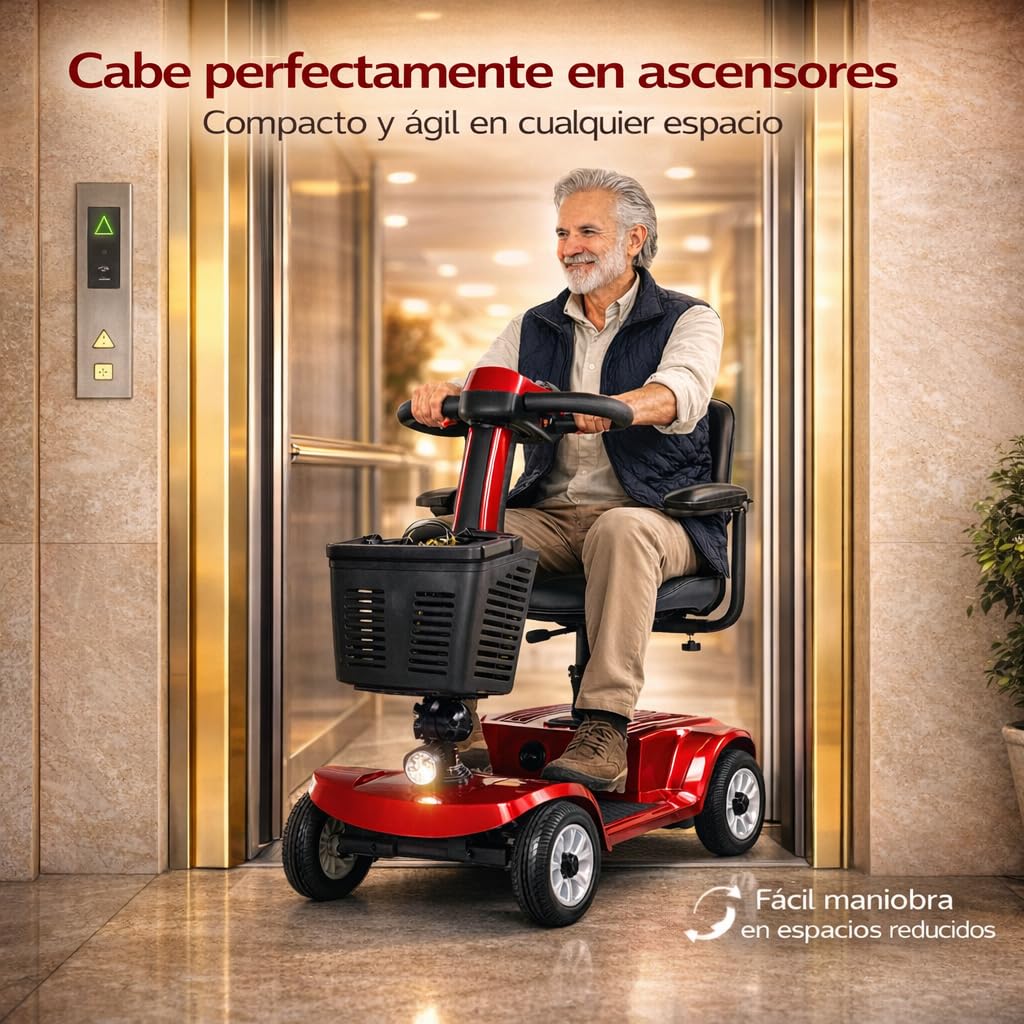 Scooter de Movilidad Eléctrico de 4 Ruedas, Plegable, para Personas Mayores y Movilidad Reducida, Autonomía de hasta 20 km, Neumáticos Antipinchazos, Rojo