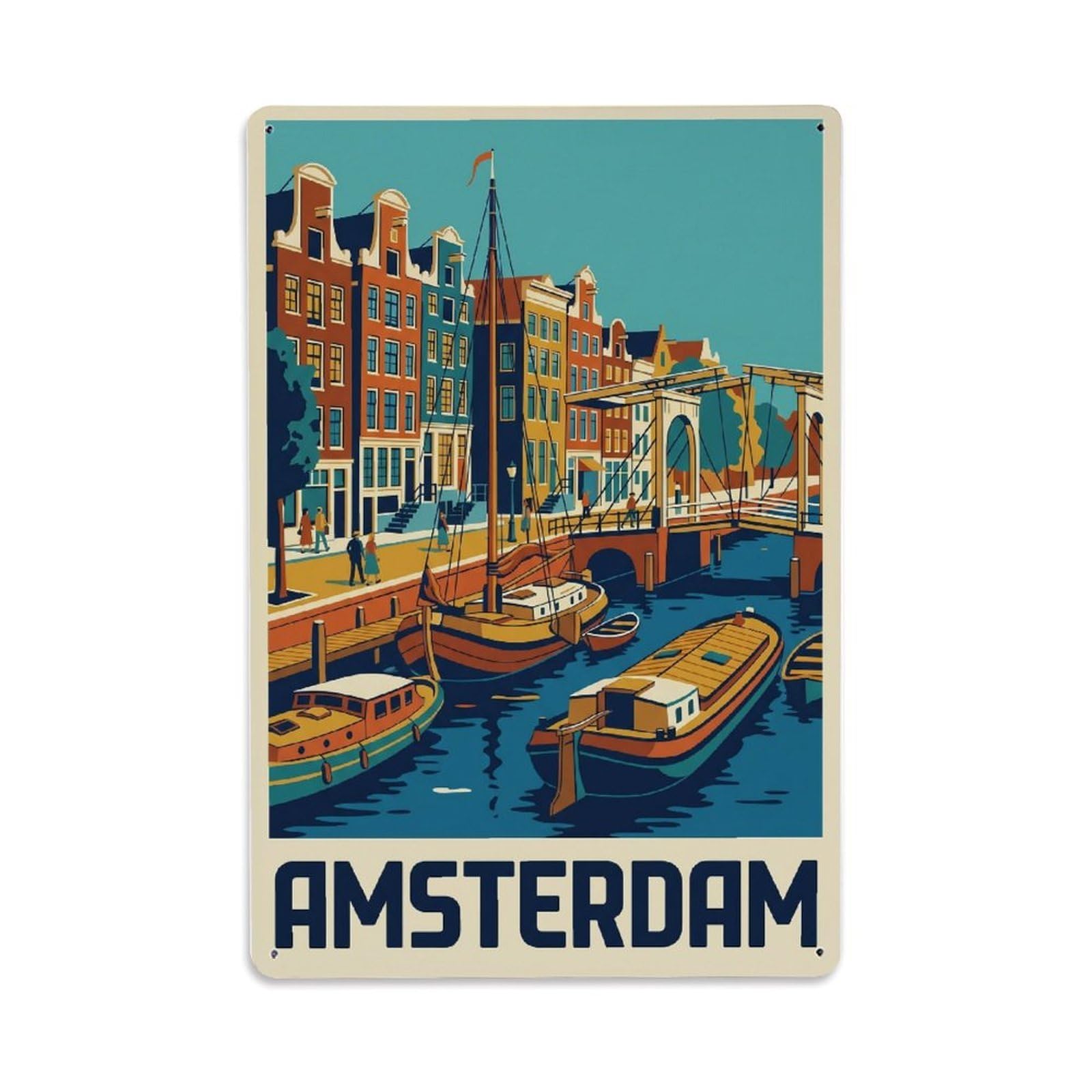 Vintage Travel Quay Netherlands Waterside（1） Metal Tin Sign Plaque Wall Decor for Cafe, Club Bar, Office, Home Garden Metal Poster 8x12Inch