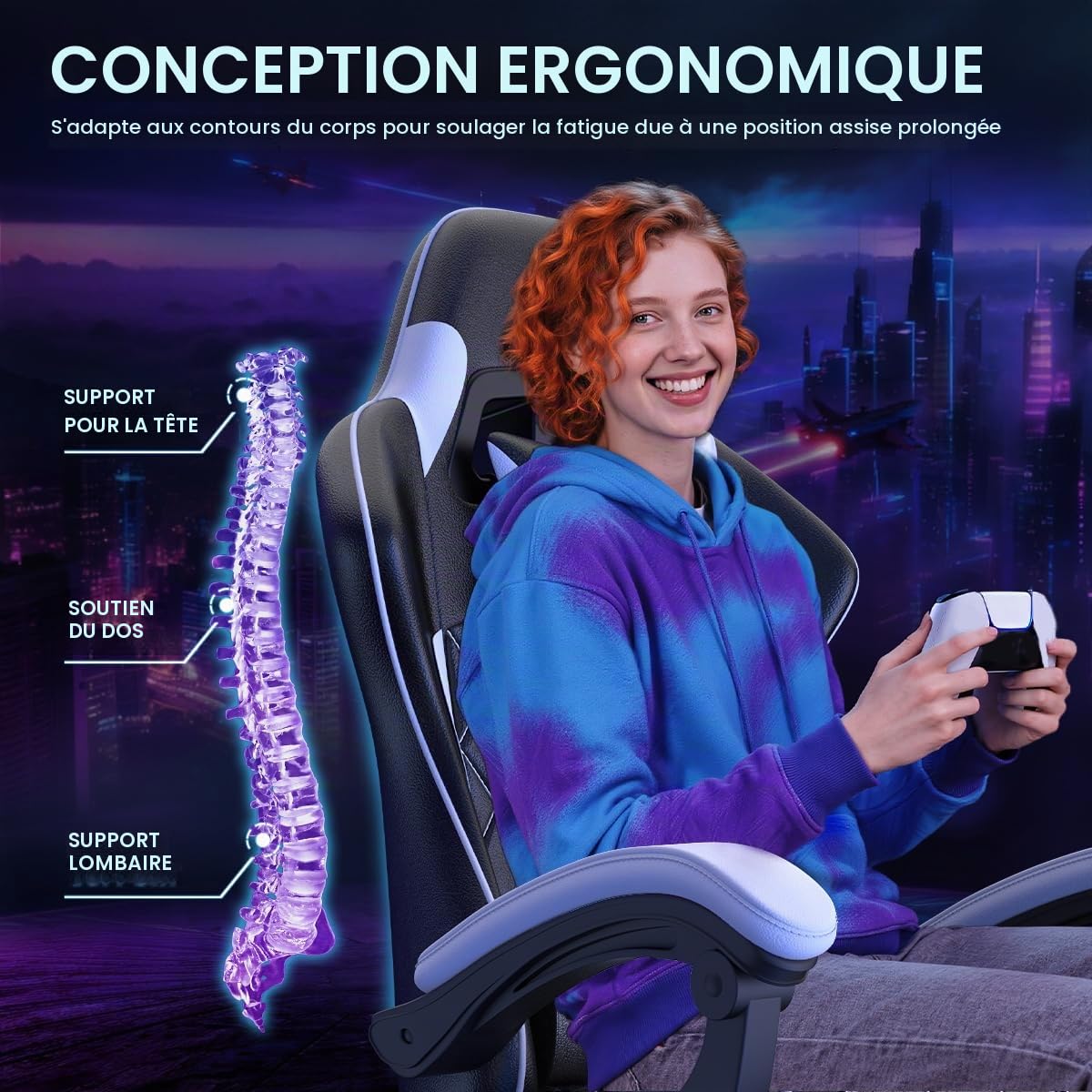 bigzzia Chaise Gaming,Fauteuil de Bureau, Ergonomique Chaise de Gaming, Coussin de Tête Ajustable, Support Lombaire, Capacité de Charge de 150 kg
