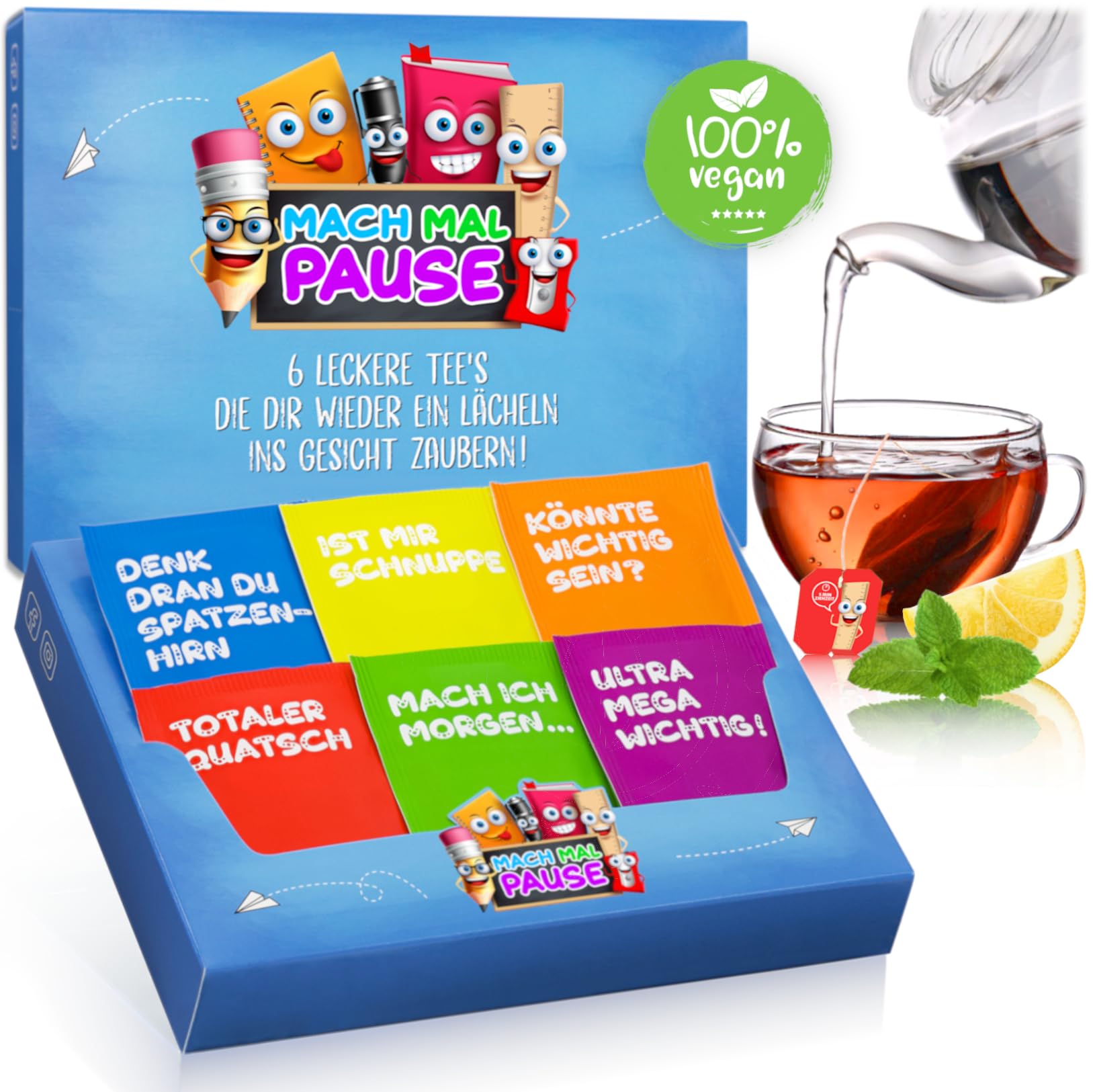 MACH MAL PAUSE® Tee Box - lustiges Tee-Set mit 6 leckeren Teesorten - Geschenk für Kollegin Kollegen Chef - Teespender mit 30 Teebeuteln - Geschenkset Büro - Wellness Anti-Stress Tee - Geburtstag