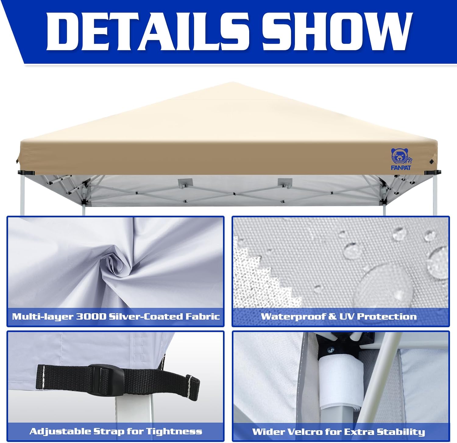 10x10 Adjustable Canopy Replacement Top, 100% Waterproof Canopy Cover with UV Protection, Adhesive Bonding Waterproof Technology,for Outdoor Patio Events, Fits Straight Leg Frames (Khaki，TOP ONLY)