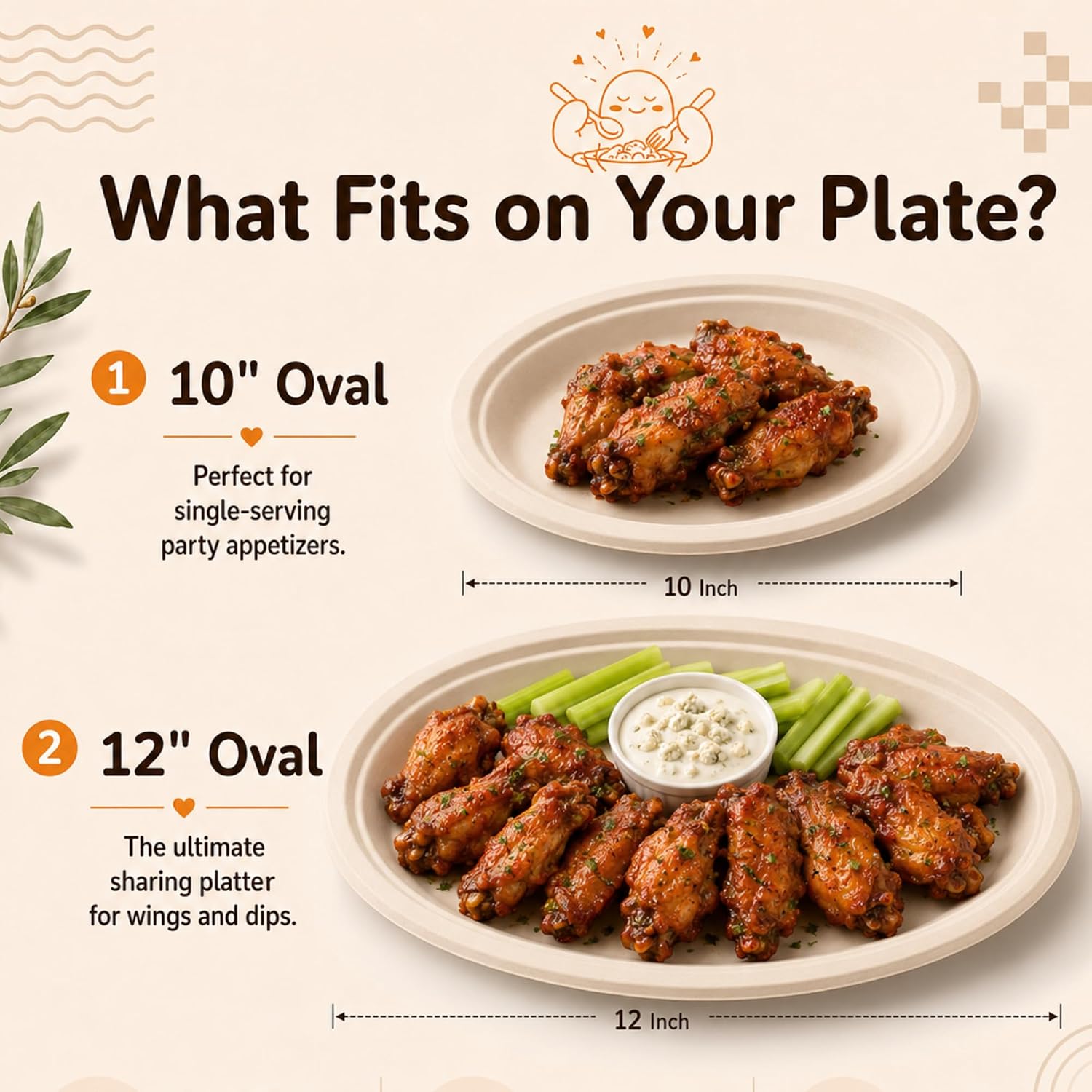 Compostable Oval Paper Plates [12.5 inch, 68-Pack] Elegant Disposable Dinner Platter Heavy-Duty Quality, Natural Bagasse Unbleached Eco-Friendly Made of Sugar Cane Fibers, White