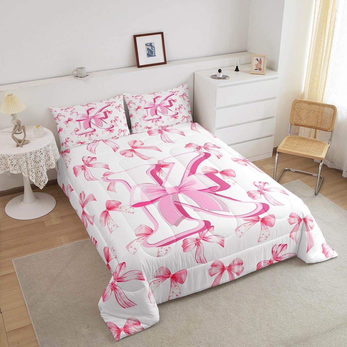 jejeloiu Kids Girls Cute Pink Bow Comforter Set Twin Size Monogrammed Bedding Set Ultra Soft Personalized Initial K Duvet Quilt Coquette Bow Knot Quilt Set Room Decor Modern Fashion Comforter