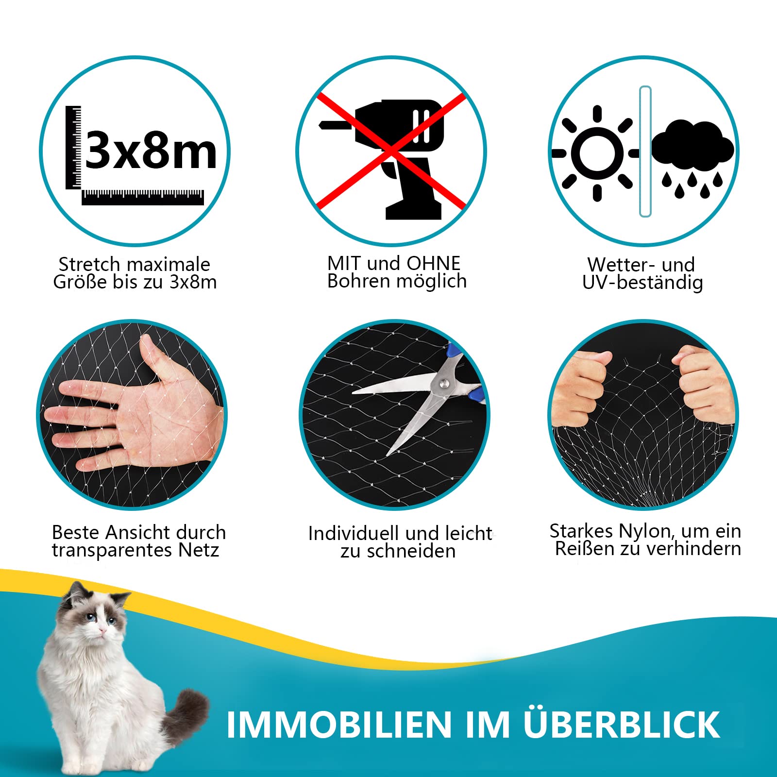 Katzenschutznetz Balkon - Transparentes Sicherheitsnetz Ohne Bohren