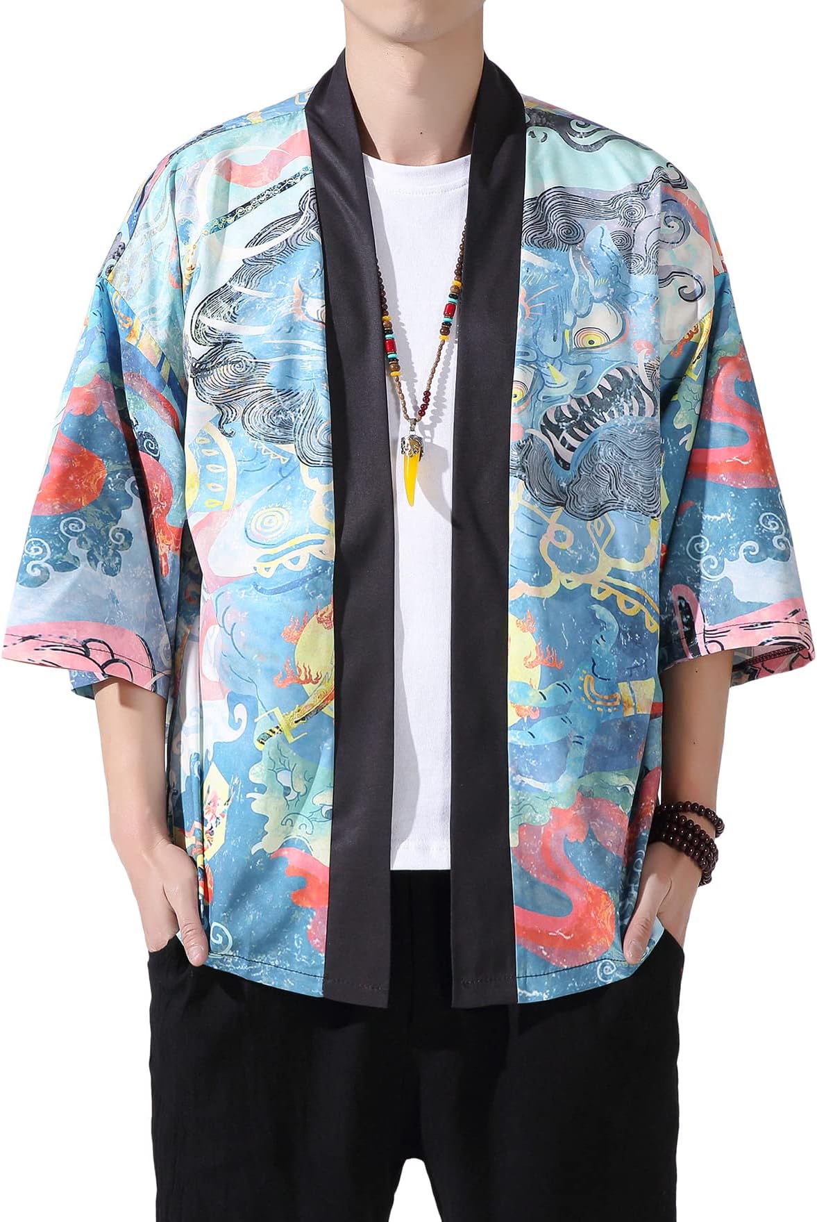 PRIJOUHEMens Kimono Jacket Loose Fit Japanese Style 3/4 Sleeve Open Front Kimono Cardigan Coat Tops