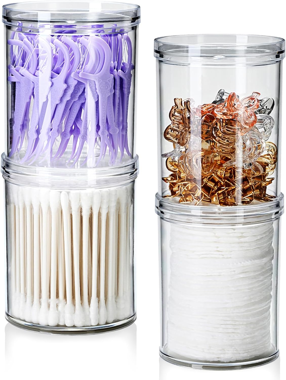 SheeChung 6-Pack Clear Stackable Qtip Holder Dispenser - Mixed (10oz & 12oz) Apothecary Jars with Storage Lids - Whole Home Bathroom Organization Set for Cotton Swabs, Balls, Pads