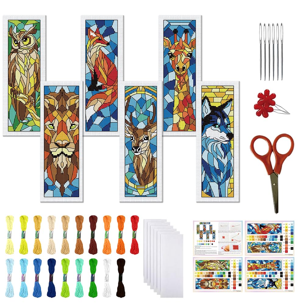FREEBLOSS 6 Set Cross Stitch Bookmark Kit 11 CT Stamped Cross Stitch Kit DIY Embroidery Bookmarks for Adult Beginners with Instructions, Stained Glass Animals Pattern, 6 x 20 cm/8" x 2.4"