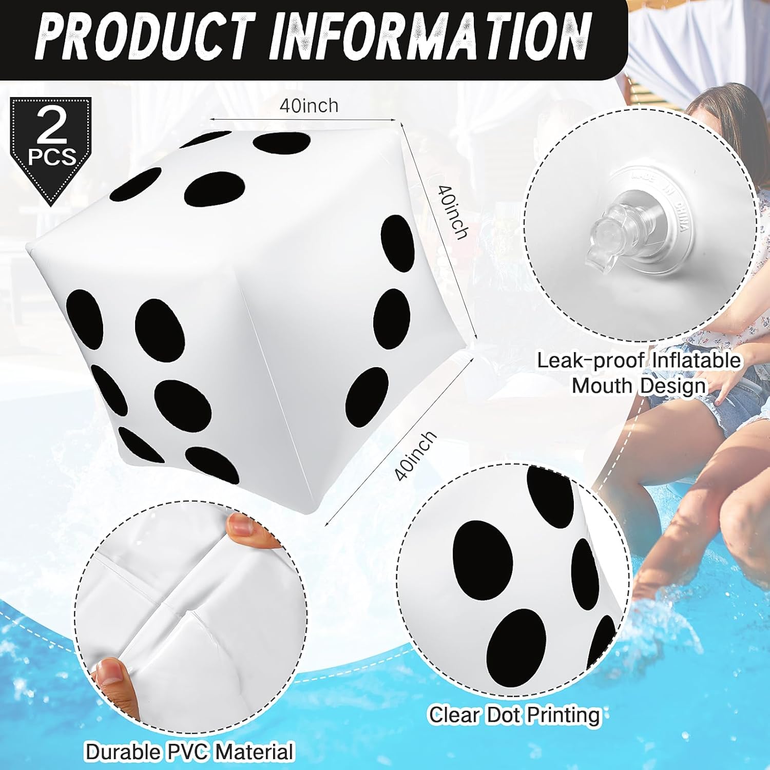 Lunmon 2 Pcs 40 Inch Jumbo Inflatable Dice Fun Giant Inflatable Dice Set Blow up Float Toys for Indoor Outdoor Broad Lawn Game Casino Theme Ludo Pool Birthday Party Decorations Favors(White)