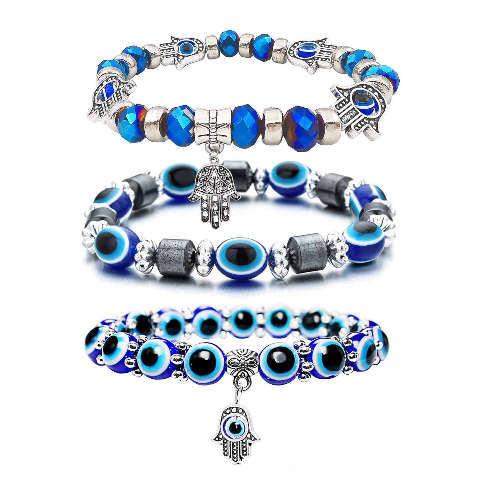 CJIAYUJEW 3pcs Evil Eye Bracelet Chakra Crystal Bracelets Set,Evil Eye Hamsa Blue Beaded Charm Stretch Bracelet for Blessing