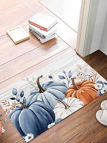 Tapete de otoño para interiores de Acción de Gracias, tapete para puerta delantera, tapete de bienvenida con calabaza, color azul y naranja, tapete