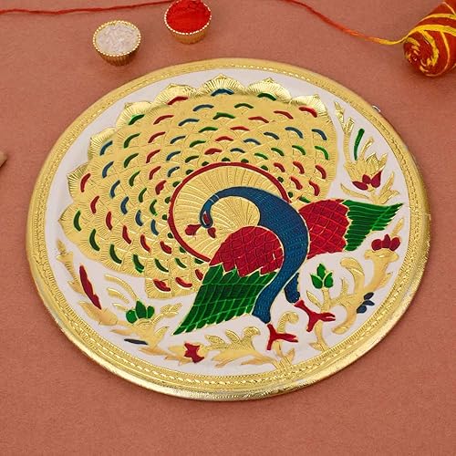 Miniatura 2 de Craftsman Karwa Chauth - Plato decorativo Pooja Thali, hermoso diseño de pavo real para rituales del templo hindú, accesorio mandir, regalo de