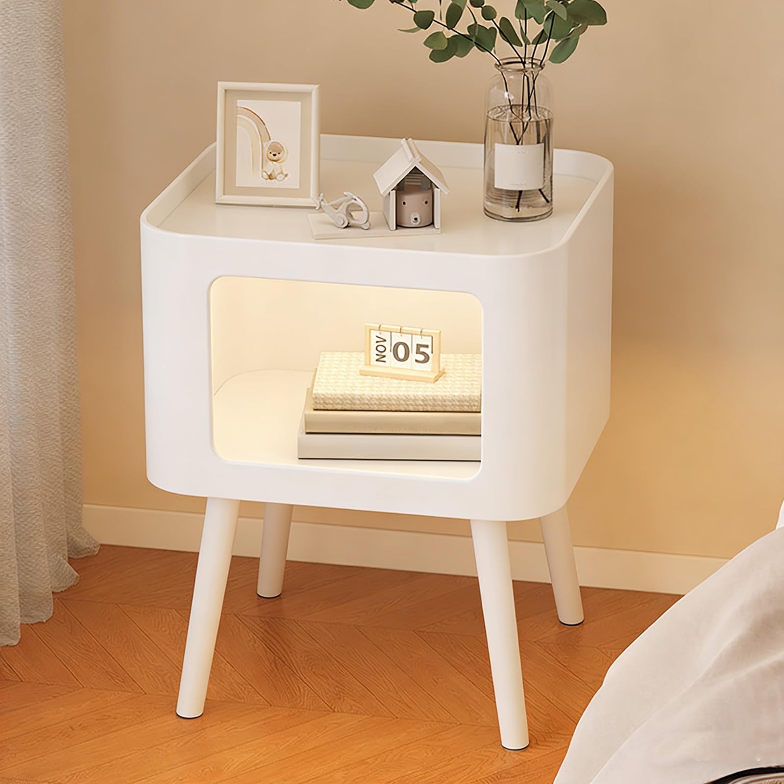 SXZenSpace Modern Nightstand with Glass Tabletops, Wrought Iron Bedside Tables Open Storage Shelf Night Stand for Bedroom Dorm and Small Spaces(White,40x40x50cm)