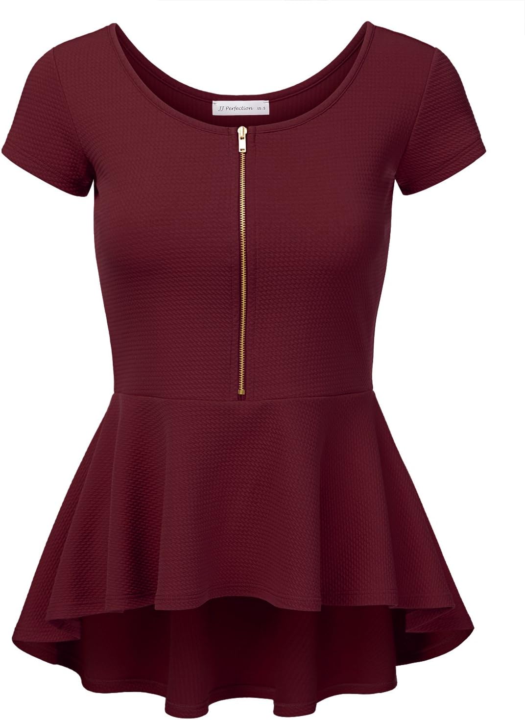 JJ Perfection Women's Short Sleeve Zipper Peplum Top Ruby 3XL