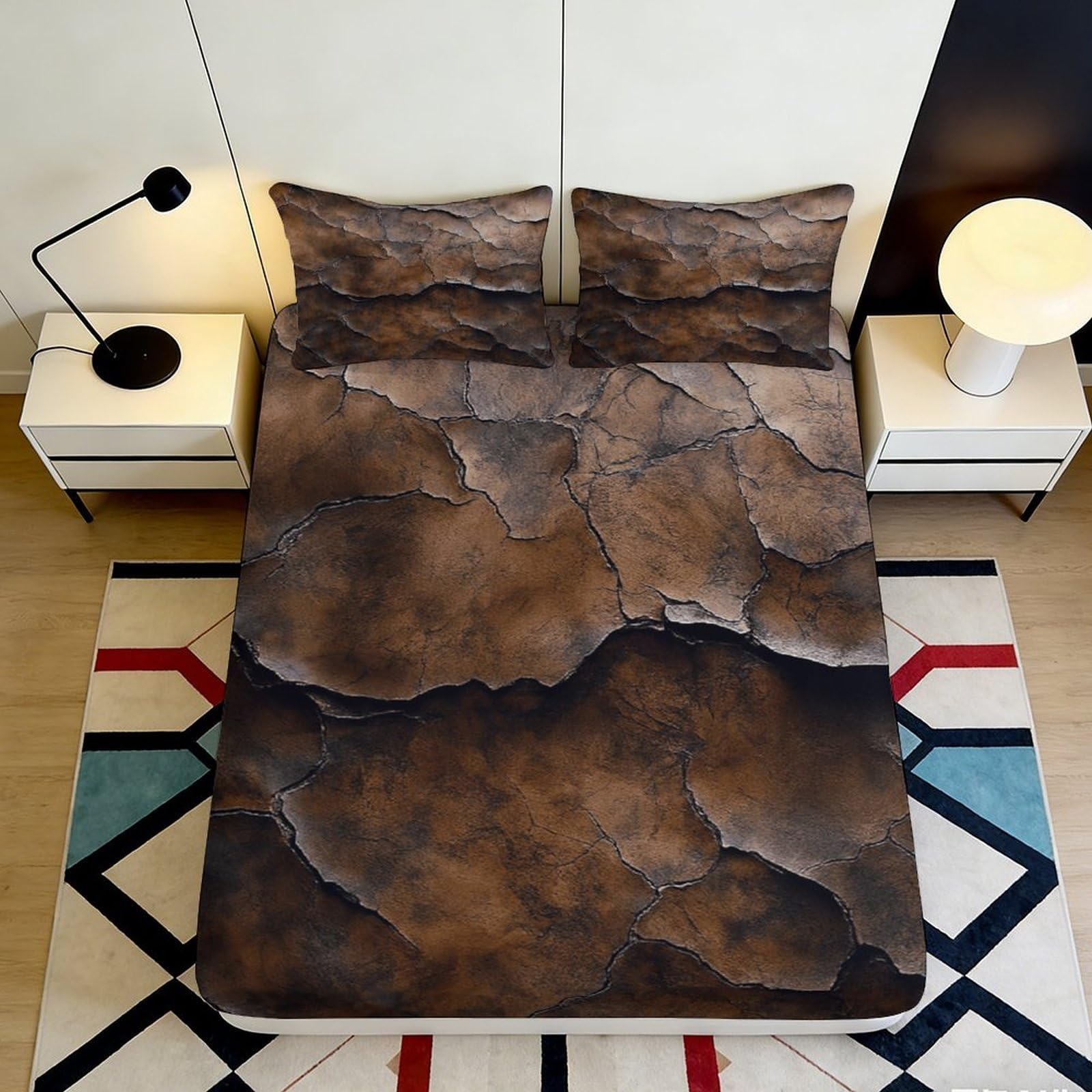 3D Printed Cracked Earth Fitted Sheet Microfiber Soft Brown Rock Texture Mattress Cover for Bedroom Dorm Decor 90x200x25cm
