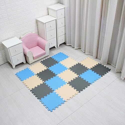 Vista 2 de MQIAOHAM 107110112 - Alfombra de juego entrelazada de espuma suave para niños, tapete de rompecabezas para bebés, azulejos cuadrados, azul, beige