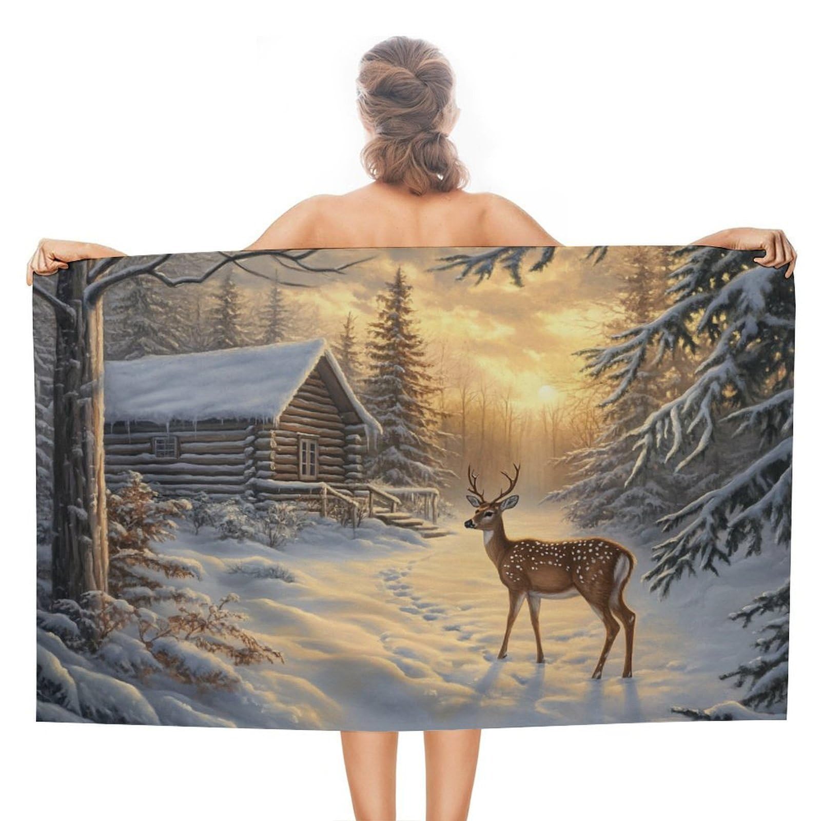 LSRCPD Deer near A Rustic Wooden Cabin Beach Towel Sand Free Microfiber Large Shower Towels Multipurpose Absorbent for Bathroom Pool 130x80 CM