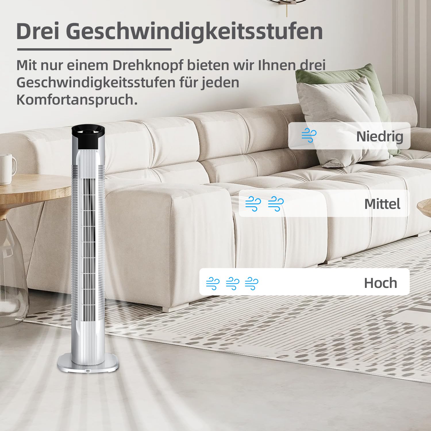 Be Cool Wentylator kolumnowy – efektywny wentylator do wnętrz, 3 poziomy prędkości, smukła konstrukcja, cicha praca – 78 cm, biały