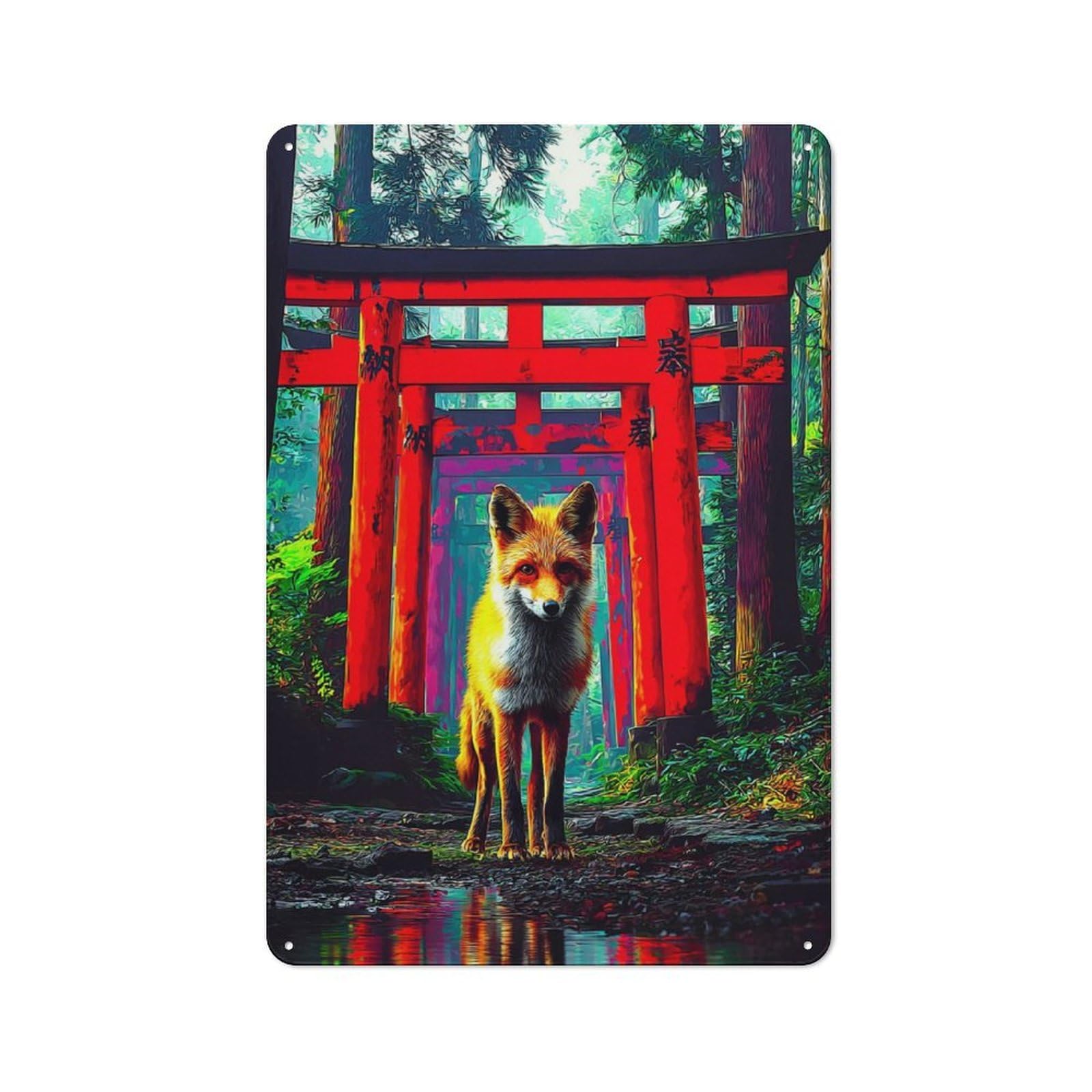 Fox in Front of Torii Gate Classic Metal Wall Decor 30x20cm, Decorative Tin Plaque for Cafe, Pub, Workshop Or Home Bar