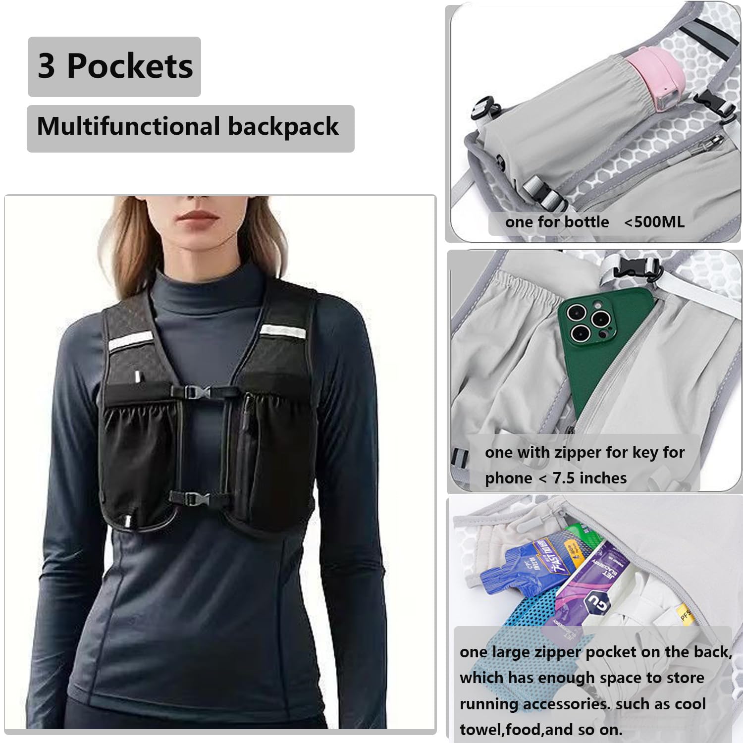 Running Vest，Lightweight & Breathable Hydration Backpack with Cooling Towels,Reflective Running Backpacks for Women & Men,Running Phone Holder for Cycling Hiking - 4