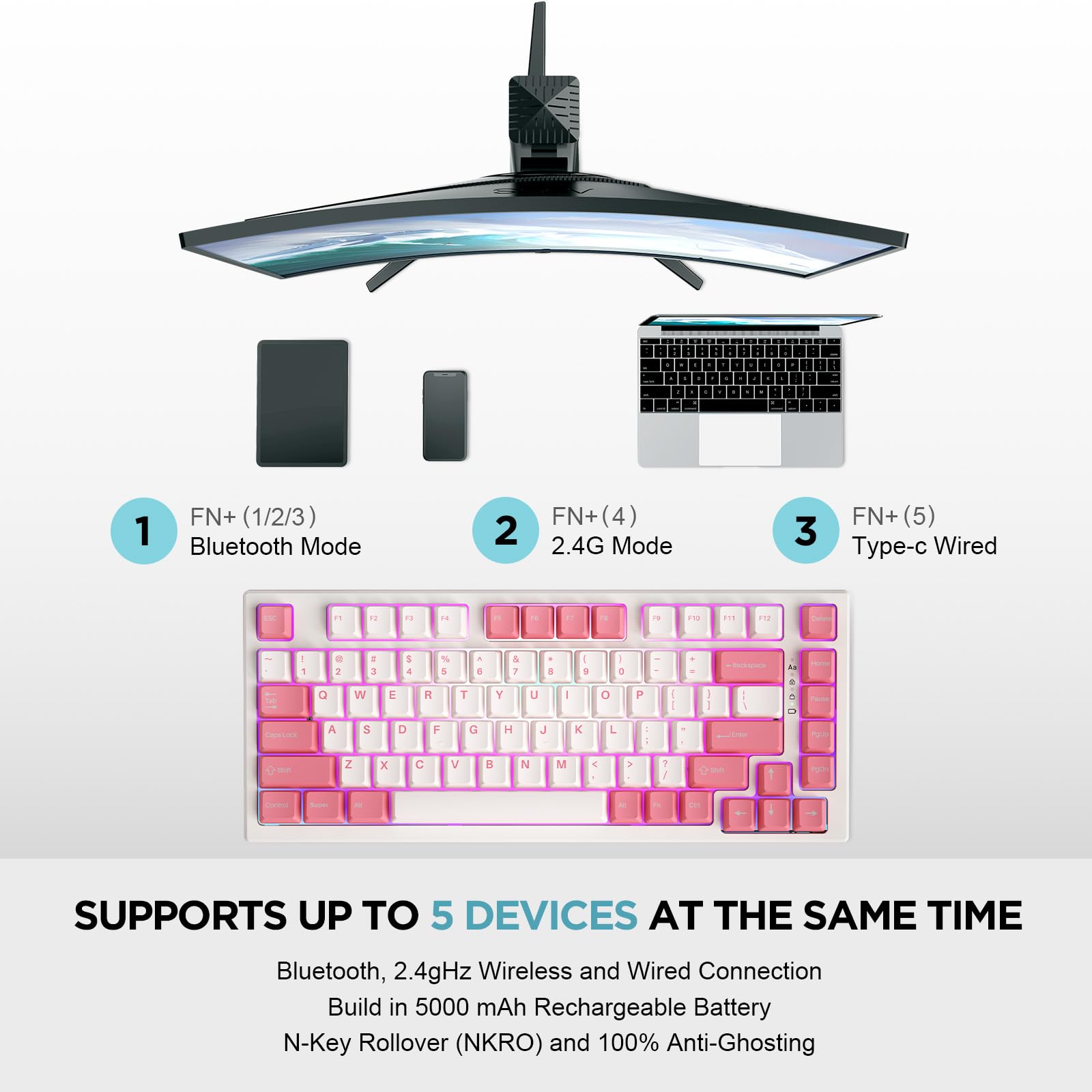 YUNZII YZ75 75% Hot Swappable Wireless Gaming Mechanical Keyboard, RGB Backlights, BT5.0/2.4G/USB-C, Dye Sub PBT Keycaps for Linux/Win/Mac(Gateron G Pro Brown, Red)