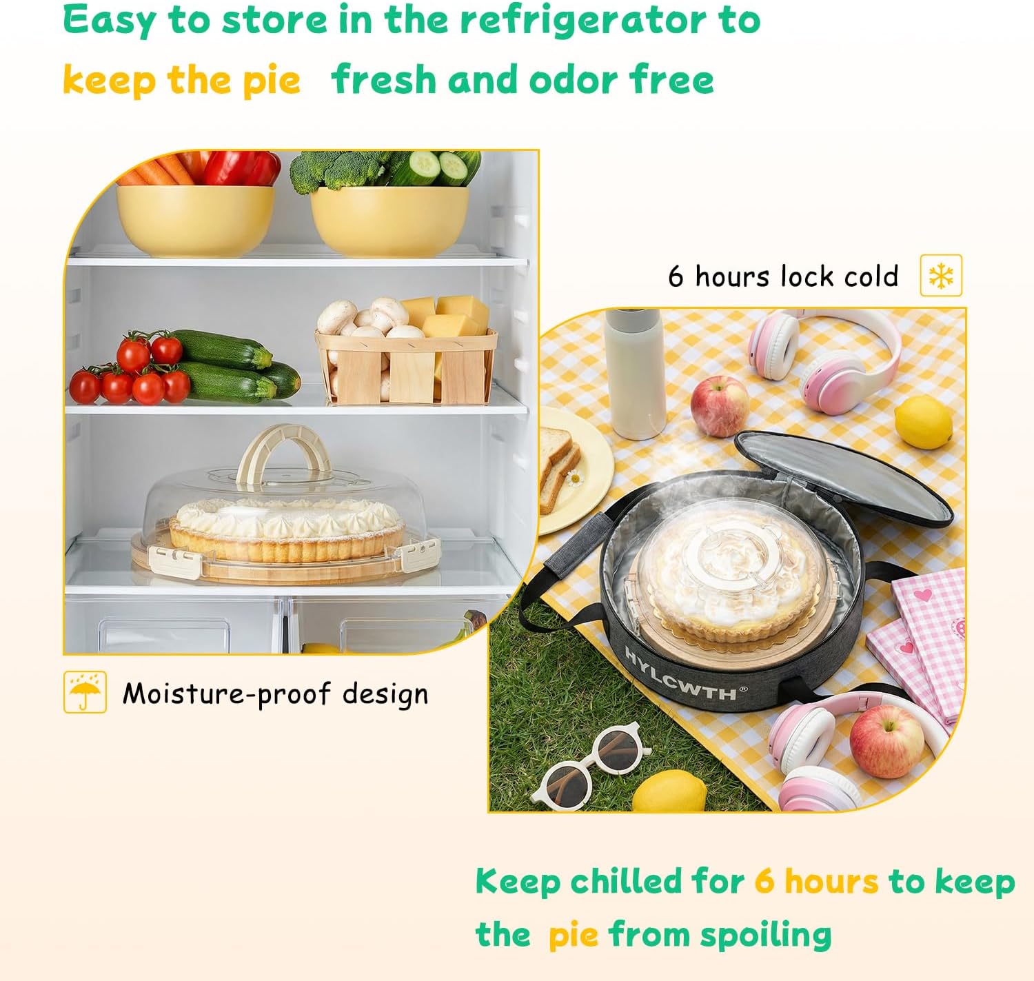 Pie Carrier with Lid and Handle, Reusable Pie Container for 10 Inch Round Pie, Cheesecake, Pizza, Cheesecake Container for Party with 10 Pcs Round Golden Cake Boards and Portable Insulated Bag