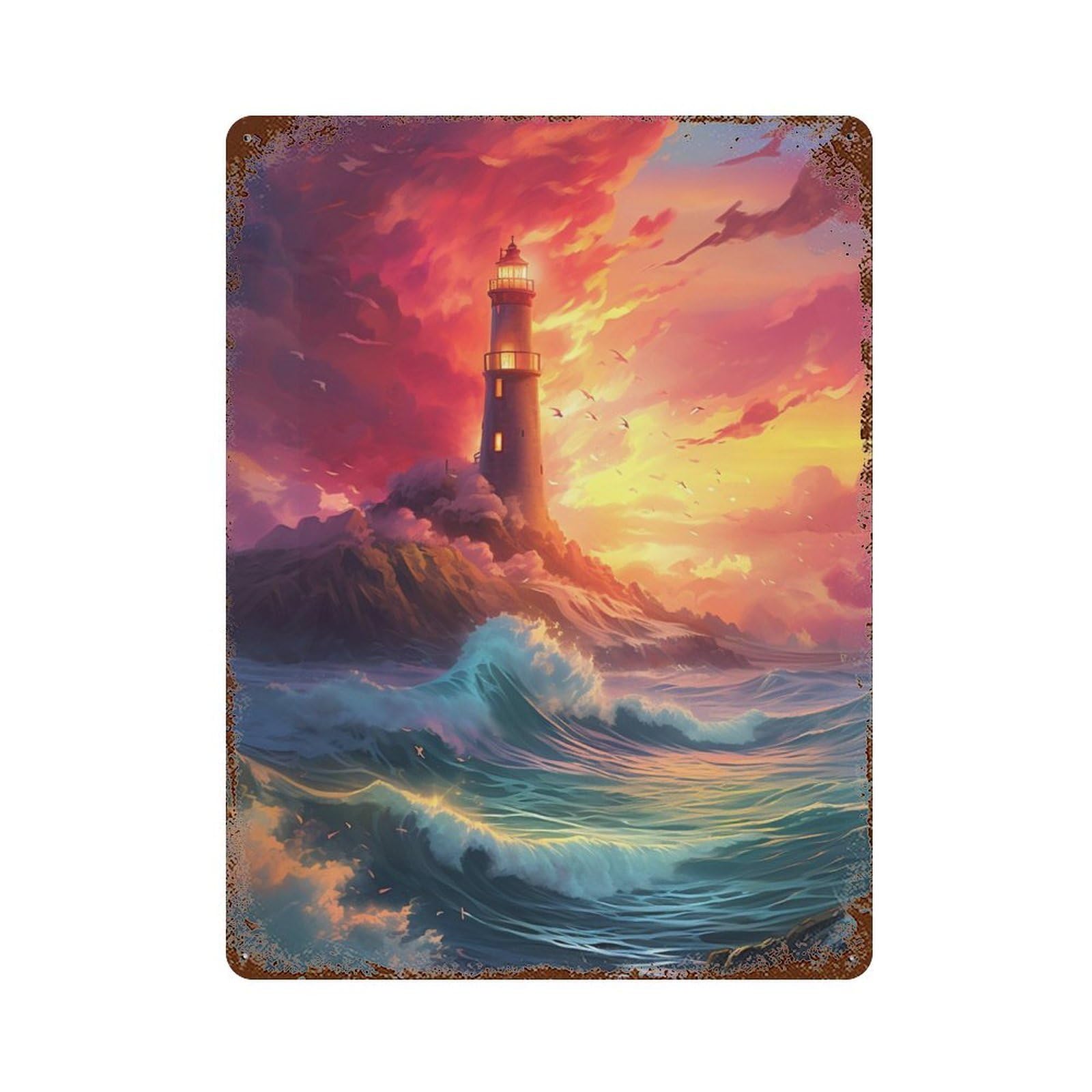 Lighthouse Ocean Sunset Retro Metal Sign 15.7"x11.8", for Bistro, Counter And Cafe Decor, Rustic Home Decor