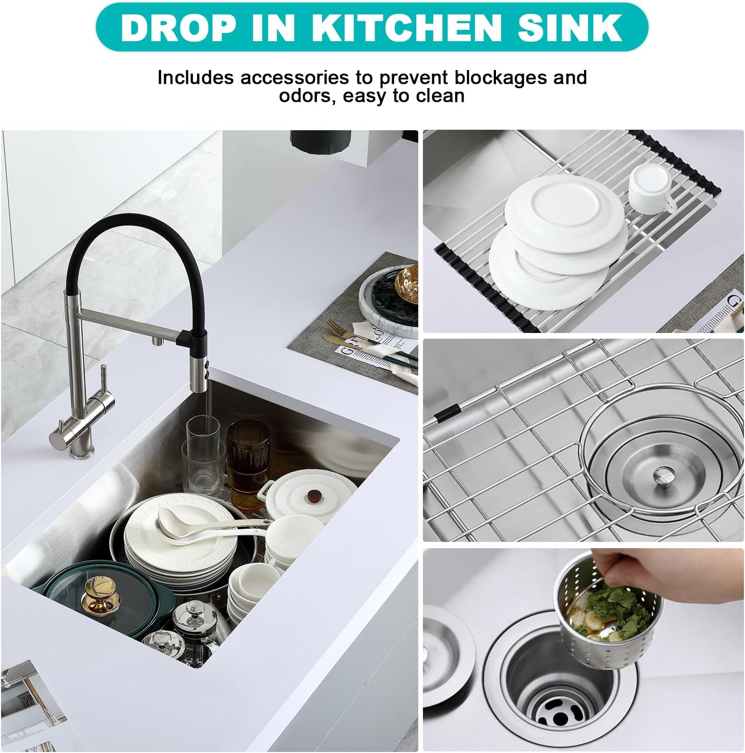 25 Inch Undermount Kitchen Sink, 304 Stainless Steel Single Bowl with Bottom Grid & Roll-Up Drying Rack, 9" Deep Handmade Utility Sink for Kitchen Laundry RV Outdoor (25"x18"x9")