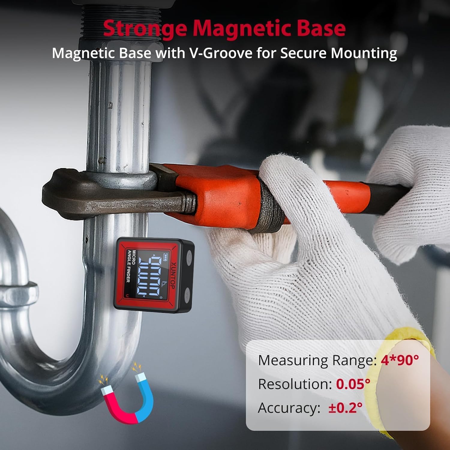 XUNTOP Small Digital Angle Finder with Bottom Strong Magnetic,4 * 90° Range image 2