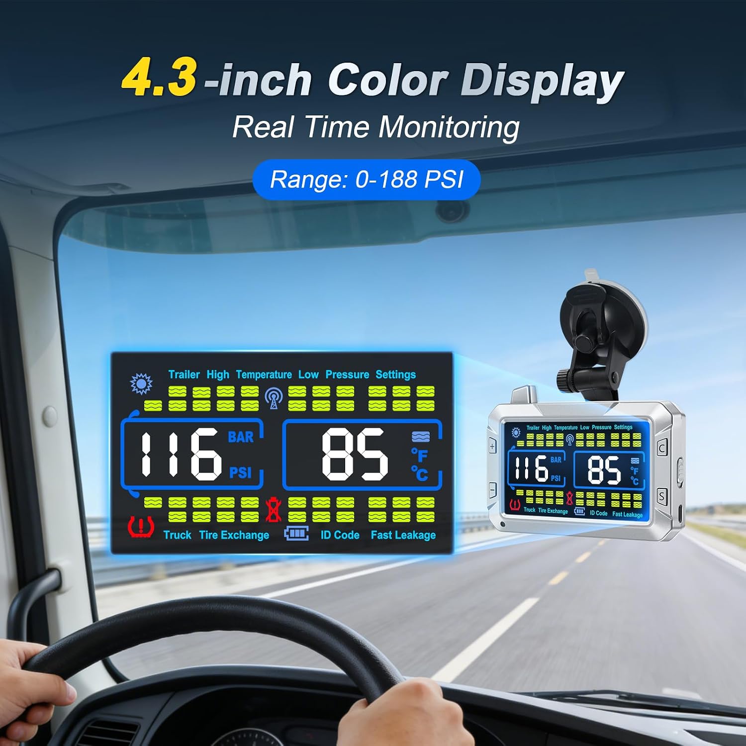 RV Tire Pressure Monitoring System TPMS with Flow‑Through Sensors, 4.3" Color Display, 0‑188 PSI, 6 Alerts, Signal Booster, No Removal Inflation for Trailer, Truck, Camper, 5th Wheel (10 Sensors)