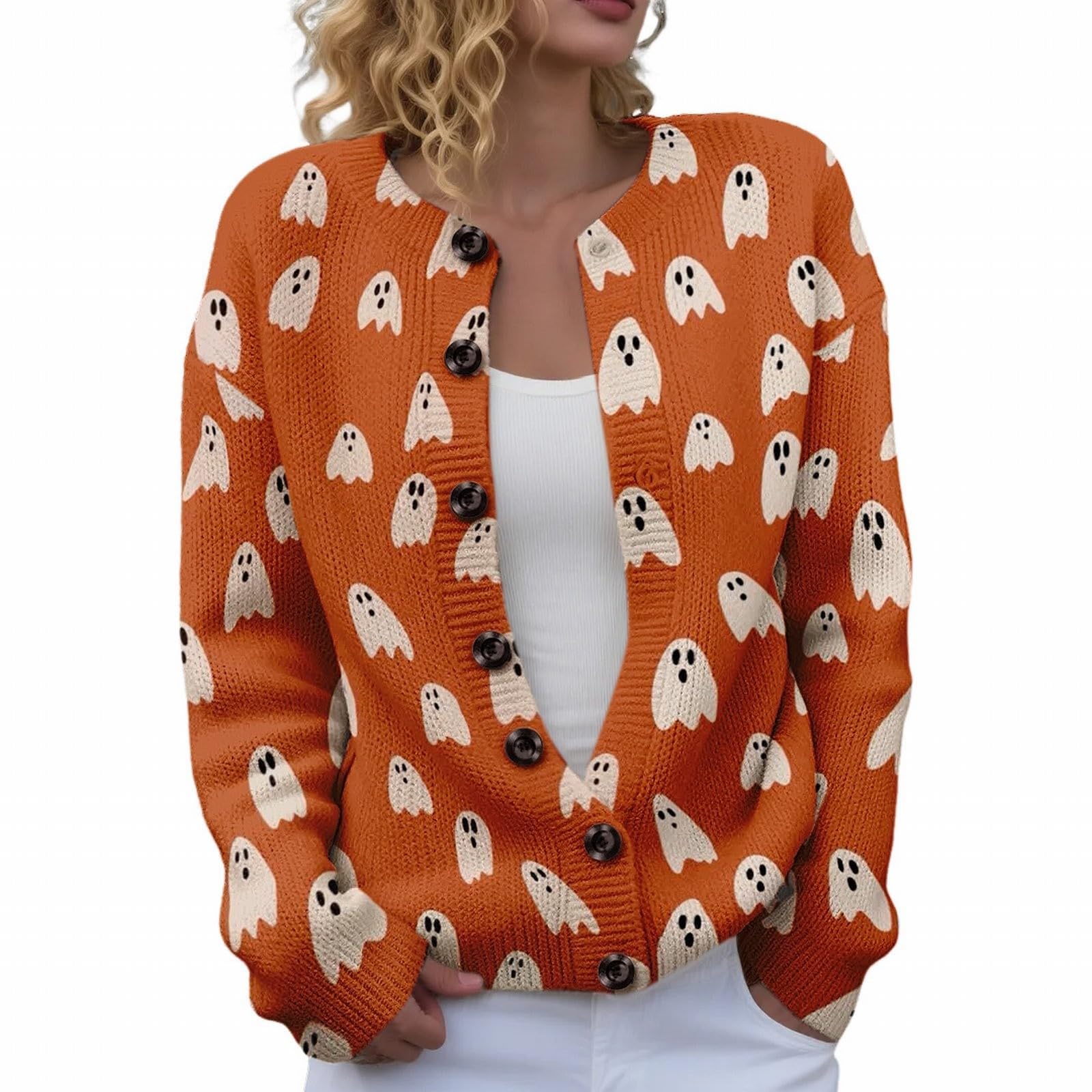 Womens Fall Fashion Ghost Print Open Front Halloween Cardigan Cute Furry Knit Long Sleeve Sweaters Winter Coats 2025